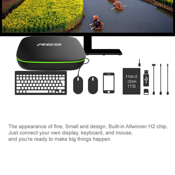 R69 1080P HD Smart TV BOX Android 4.4 Media Player with Remote Control, Quad Core Allwinner H3, RAM: 1GB, ROM: 8GB, 2.4G WiFi, LAN, UK Plug