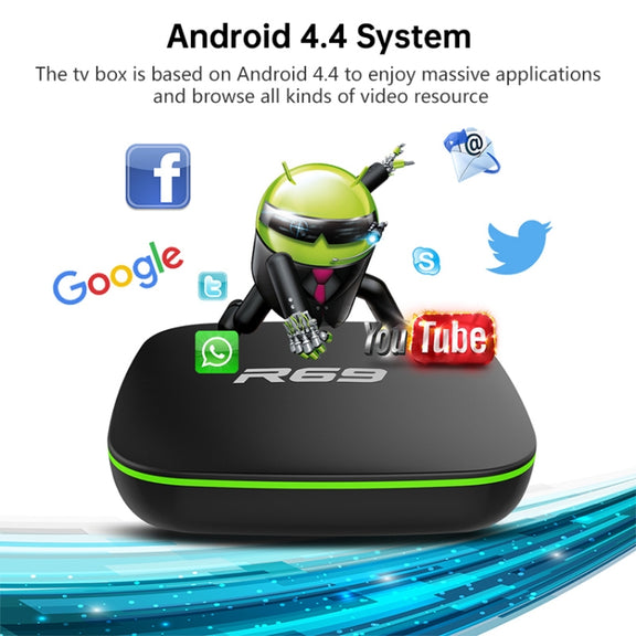 R69 1080P HD Smart TV BOX Android 4.4 Media Player with Remote Control, Quad Core Allwinner H3, RAM: 1GB, ROM: 8GB, 2.4G WiFi, LAN, UK Plug
