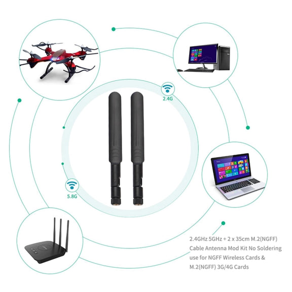 2 x 6dBi 2.4GHz 5GHz Dual Band WiFi RP-SMA Male Antenna + 2 x 35CM RP-SMA IPEX MHF4 Pigtail Cable for M.2 NGFF WiFi WLAN Card (Black)