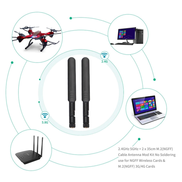 2 x 6dBi 2.4GHz 5GHz Dual Band WiFi RP-SMA Male Antenna + 2 x 35CM RP-SMA IPEX MHF4 Pigtail Cable for M.2 NGFF WiFi WLAN Card (Black)