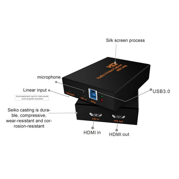 Z28 Professional HDMI Female + Mic + Line In to HDMI Female USB 3.0 Video Audio Capture Box(Black)