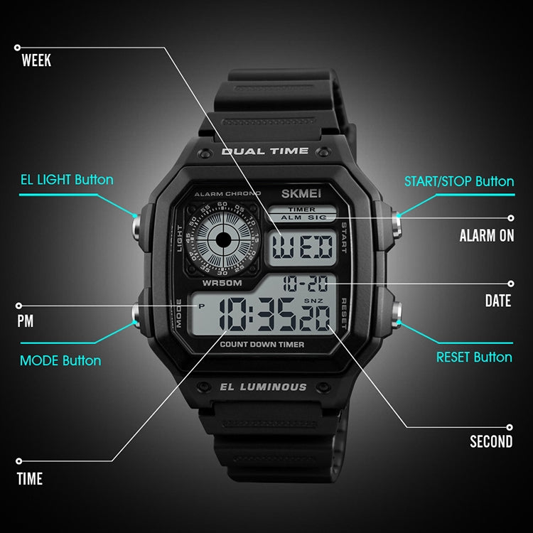 SKMEI 1299 Multifunctional Outdoor Sports Noctilucent Waterproof Digital Display Wrist Watch (Black) - free shipping - PMC TechLife - Order now!