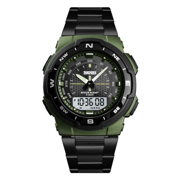 SKMEI 1370 Multifunctional Men Outdoor Sports Noctilucent Water-resistant Stainless Steel Digital Wrist Watch (Army Green)