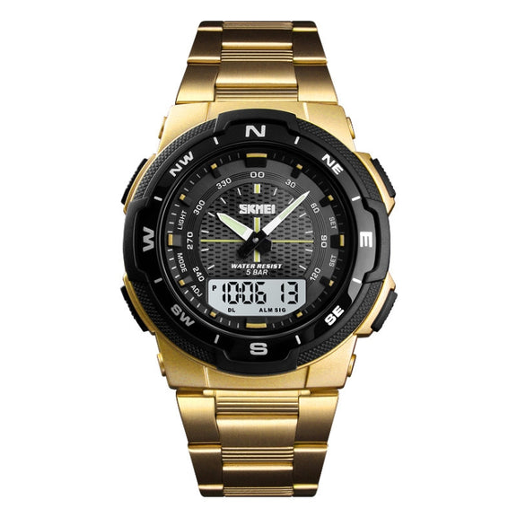 SKMEI 1370 Multifunctional Men Outdoor Sports Noctilucent Water-resistant Stainless Steel Digital Wrist Watch (Gold)