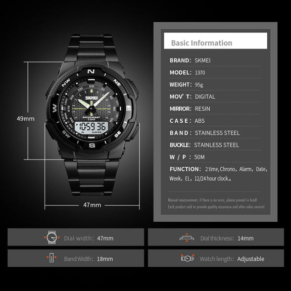 SKMEI 1370 Multifunctional Men Outdoor Sports Noctilucent Water-resistant Stainless Steel Digital Wrist Watch (Silver)