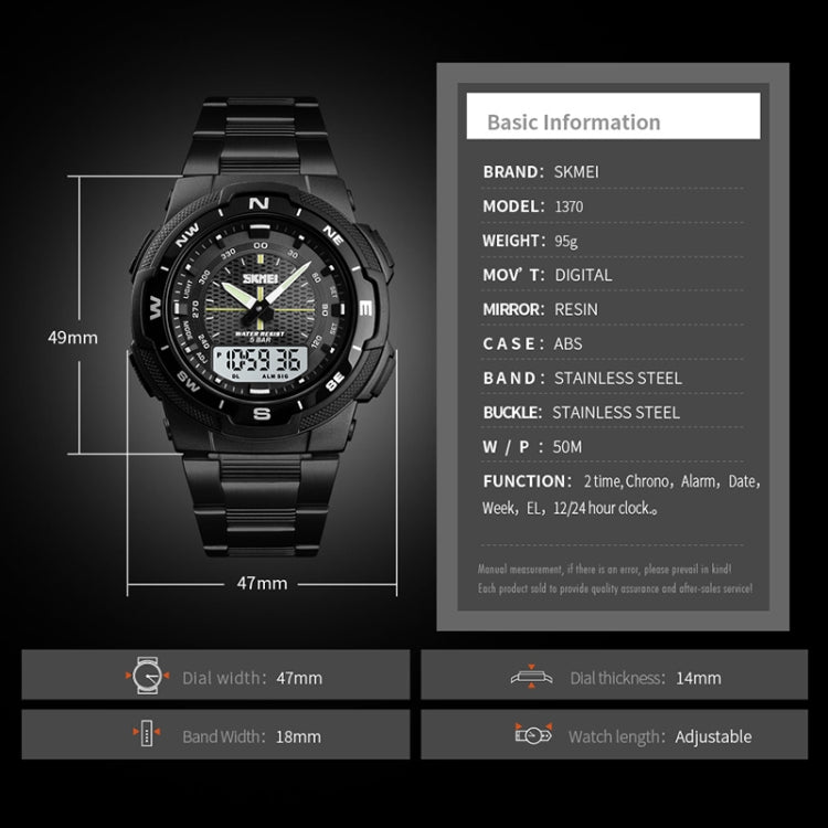 SKMEI 1370 Multifunctional Men Outdoor Sports Noctilucent Water-resistant Stainless Steel Digital Wrist Watch (Silver)