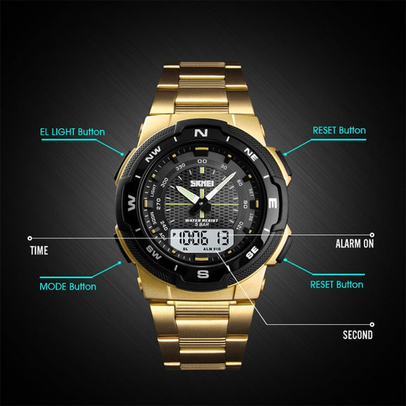 SKMEI 1370 Multifunctional Men Outdoor Sports Noctilucent Water-resistant Stainless Steel Digital Wrist Watch (Rose Gold)