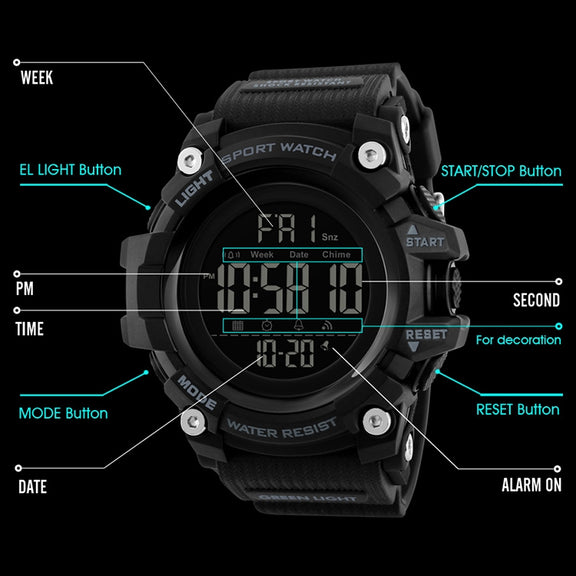 SKMEI 1384 Multifunctional Men Outdoor Fashion Noctilucent Water-resistant LED Digital Watch (Black)