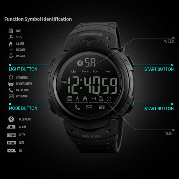 SKMEI 1301 Multifunction 50m Water-resistant Sports Bluetooth Smart Watch, Compatible with Android & iOS System(Black)