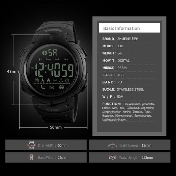 SKMEI 1301 Multifunction 50m Water-resistant Sports Bluetooth Smart Watch, Compatible with Android & iOS System(Black)
