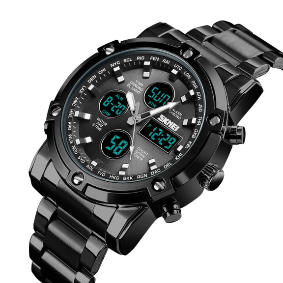 SKMEI 1389 Multifunctional Men Business Digital Watch 30m Water-resistant Large Dial Wrist Watch with Stainless Steel Watchband (Black)