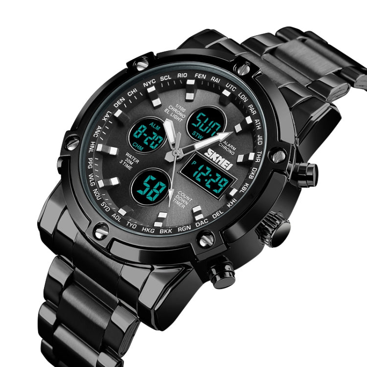 SKMEI 1389 Multifunctional Men Business Digital Watch 30m Water-resistant Large Dial Wrist Watch with Stainless Steel Watchband (Black)