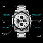 SKMEI 1389 Multifunctional Men Business Digital Watch 30m Water-resistant Large Dial Wrist Watch with Stainless Steel Watchband (Black)