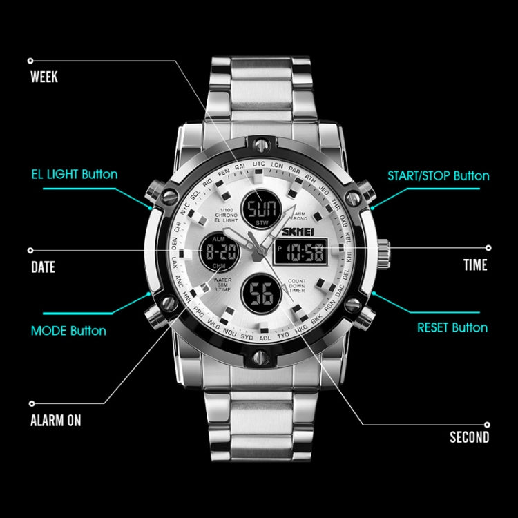 SKMEI 1389 Multifunctional Men Business Digital Watch 30m Water-resistant Large Dial Wrist Watch with Stainless Steel Watchband (Black)