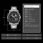 SKMEI 1389 Multifunctional Men Business Digital Watch 30m Water-resistant Large Dial Wrist Watch with Stainless Steel Watchband (Black)
