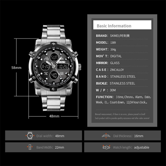 SKMEI 1389 Multifunctional Men Business Digital Watch 30m Water-resistant Large Dial Wrist Watch with Stainless Steel Watchband (Black)