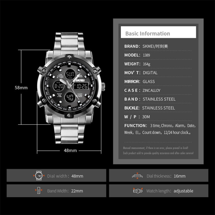 SKMEI 1389 Multifunctional Men Business Digital Watch 30m Water-resistant Large Dial Wrist Watch with Stainless Steel Watchband (Black)