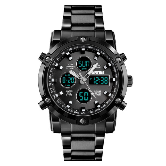 SKMEI 1389 Multifunctional Men Business Digital Watch 30m Water-resistant Large Dial Wrist Watch with Stainless Steel Watchband (Black)