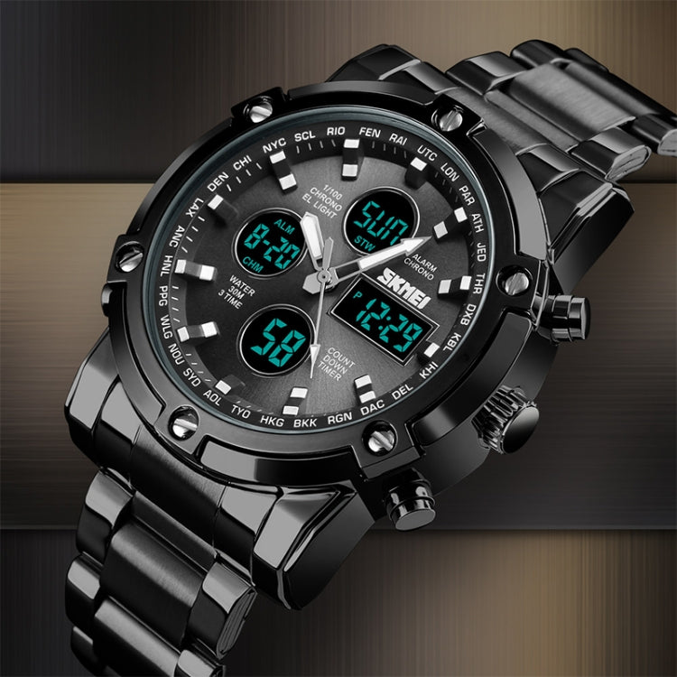SKMEI 1389 Multifunctional Men Business Digital Watch 30m Water-resistant Large Dial Wrist Watch with Stainless Steel Watchband (Black)