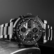 SKMEI 1389 Multifunctional Men Business Digital Watch 30m Water-resistant Large Dial Wrist Watch with Stainless Steel Watchband (Black)