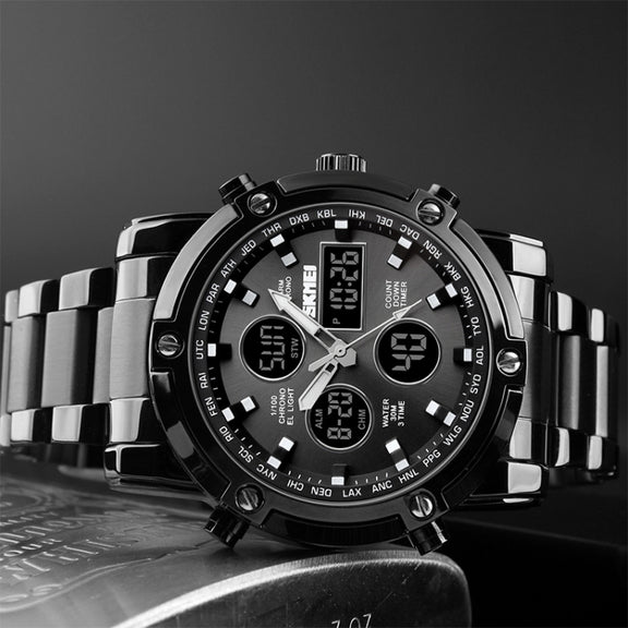 SKMEI 1389 Multifunctional Men Business Digital Watch 30m Water-resistant Large Dial Wrist Watch with Stainless Steel Watchband (Black)