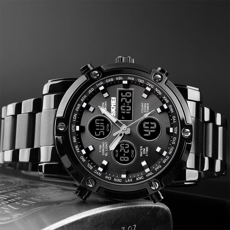 SKMEI 1389 Multifunctional Men Business Digital Watch 30m Water-resistant Large Dial Wrist Watch with Stainless Steel Watchband (Black)