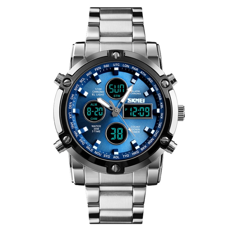 SKMEI 1389 Multifunctional Men Business Digital Watch 30m Waterproof Large Dial Wrist Watch with Stainless Steel Watchband (Blue) - free shipping - PMC Jewellery - Order now!