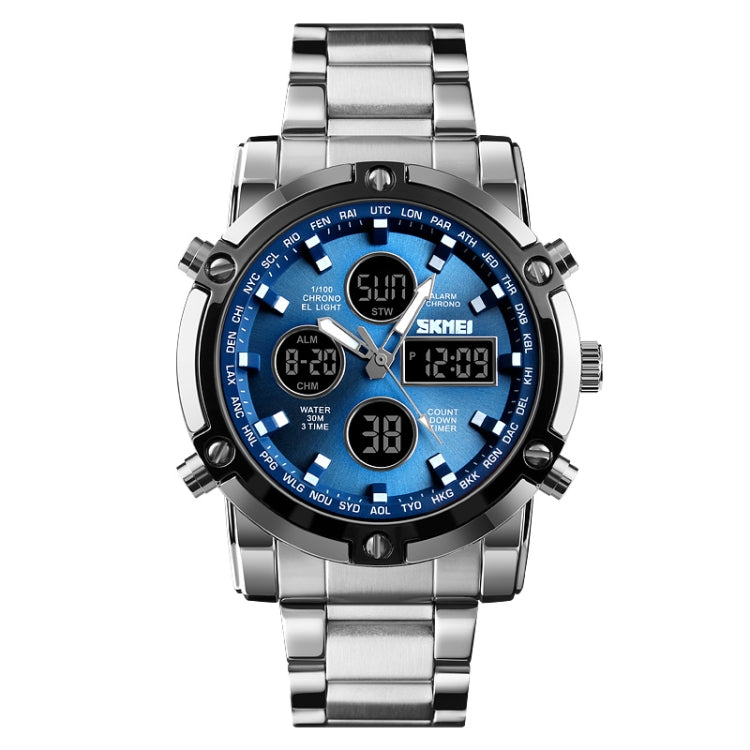 SKMEI 1389 Multifunctional Men Business Digital Watch 30m Waterproof Large Dial Wrist Watch with Stainless Steel Watchband (Blue) - free shipping - PMC Jewellery - Order now!