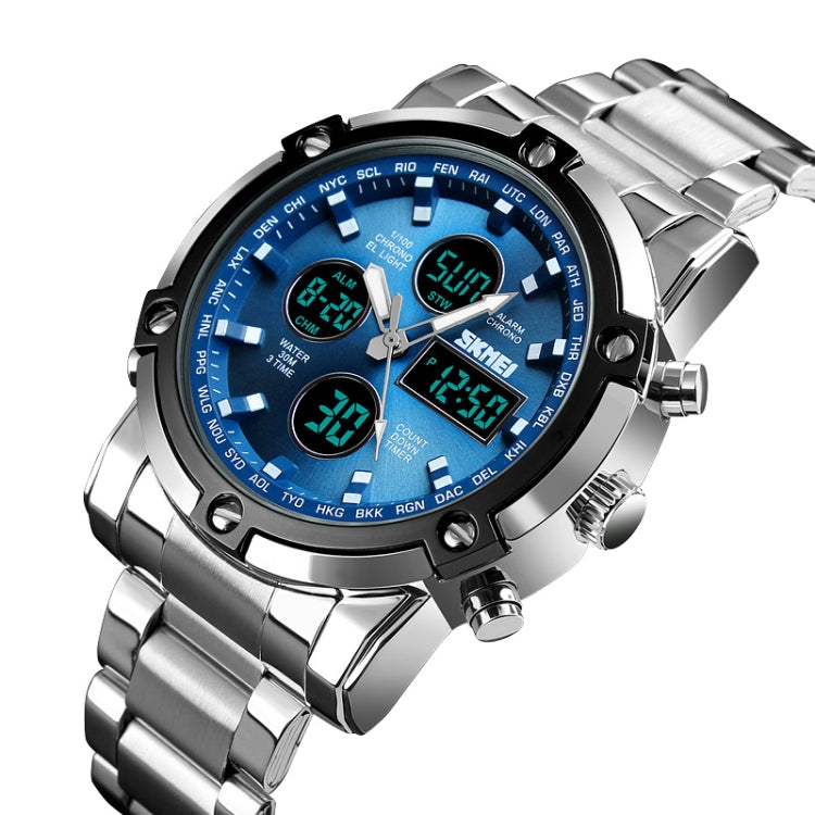SKMEI 1389 Multifunctional Men Business Digital Watch 30m Waterproof Large Dial Wrist Watch with Stainless Steel Watchband (Blue) - free shipping - PMC Jewellery - Order now!