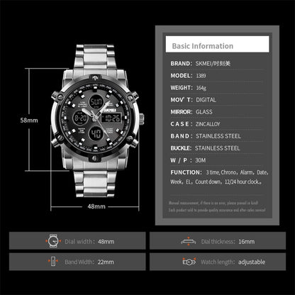SKMEI 1389 Multifunctional Men Business Digital Watch 30m Waterproof Large Dial Wrist Watch with Stainless Steel Watchband (Blue) - free shipping - PMC Jewellery - Order now!
