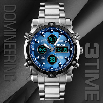 SKMEI 1389 Multifunctional Men Business Digital Watch 30m Waterproof Large Dial Wrist Watch with Stainless Steel Watchband (Blue) - free shipping - PMC Jewellery - Order now!