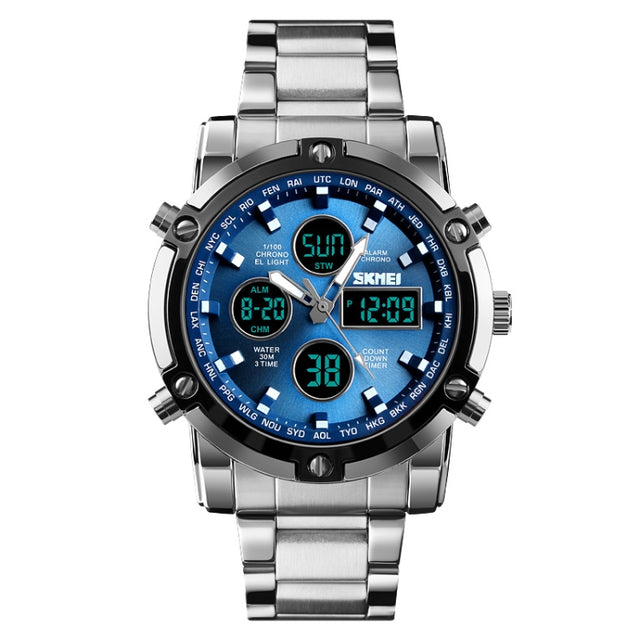 SKMEI 1389 Multifunctional Men Business Digital Watch 30m Water-resistant Large Dial Wrist Watch with Stainless Steel Watchband (Blue)