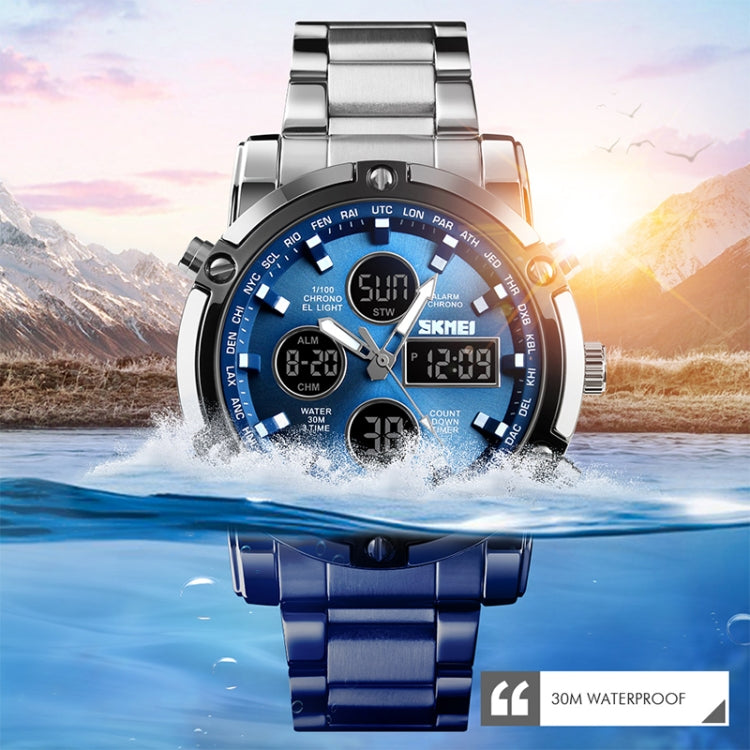 SKMEI 1389 Multifunctional Men Business Digital Watch 30m Waterproof Large Dial Wrist Watch with Stainless Steel Watchband (Blue) - free shipping - PMC Jewellery - Order now!