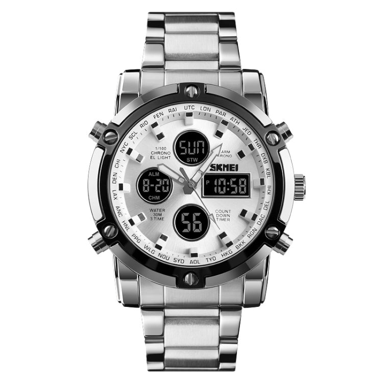SKMEI 1389 Multifunctional Men Business Digital Watch 30m Water-resistant Large Dial Wrist Watch with Stainless Steel Watchband (Silver)