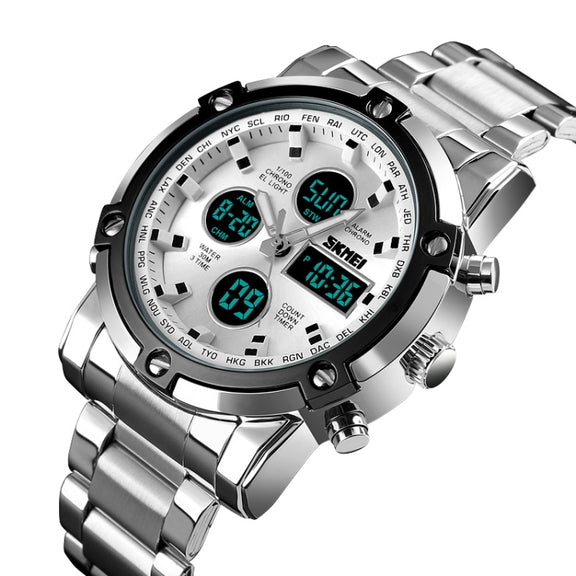 SKMEI 1389 Multifunctional Men Business Digital Watch 30m Water-resistant Large Dial Wrist Watch with Stainless Steel Watchband (Silver)