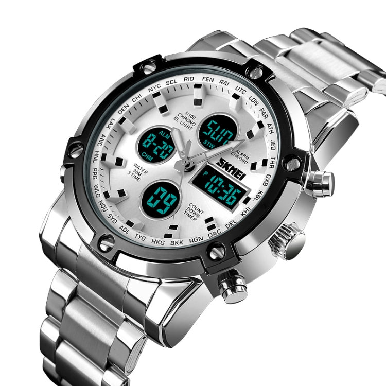 SKMEI 1389 Multifunctional Men Business Digital Watch 30m Water-resistant Large Dial Wrist Watch with Stainless Steel Watchband (Silver)