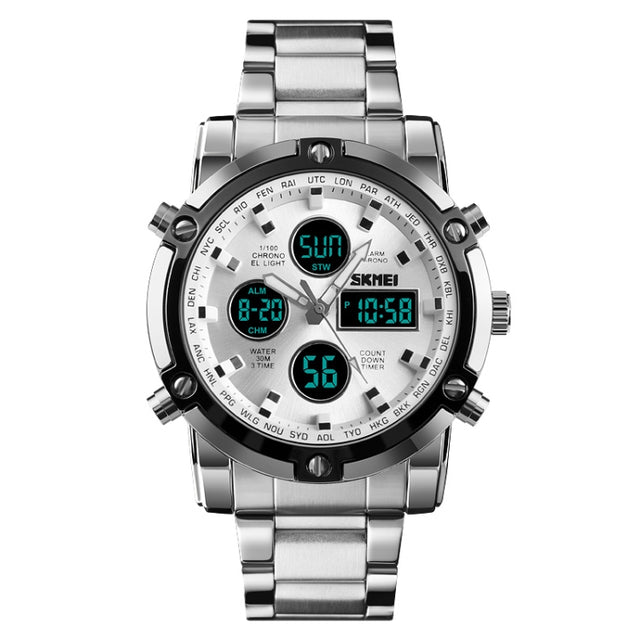 SKMEI 1389 Multifunctional Men Business Digital Watch 30m Water-resistant Large Dial Wrist Watch with Stainless Steel Watchband (Silver)