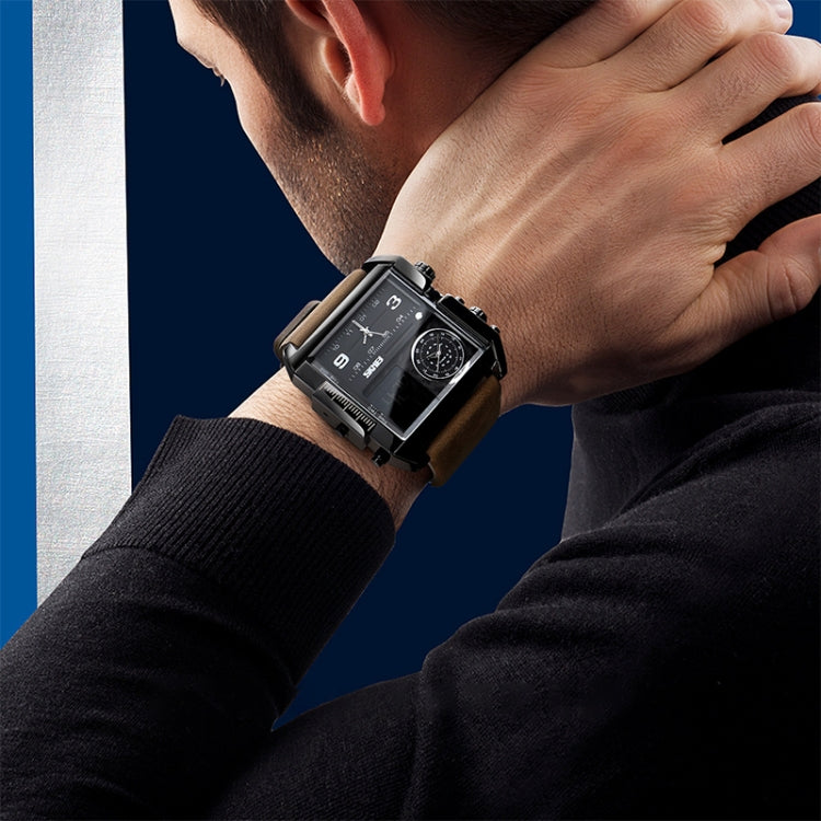 SKMEI 1391 Multifunctional Men Business Digital Watch 30m Waterproof Square Dial Wrist Watch with Leather Watchband(Black+Coffee) - free shipping - PMC Jewellery - Order now!