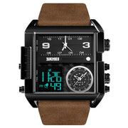 SKMEI 1391 Multifunctional Men Business Digital Watch 30m Water-resistant Square Dial Wrist Watch with Leather Watchband(Black+Coffee)