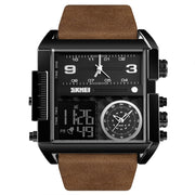 SKMEI 1391 Multifunctional Men Business Digital Watch 30m Water-resistant Square Dial Wrist Watch with Leather Watchband(Black+Coffee)