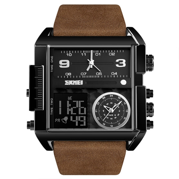 SKMEI 1391 Multifunctional Men Business Digital Watch 30m Water-resistant Square Dial Wrist Watch with Leather Watchband(Black+Coffee)