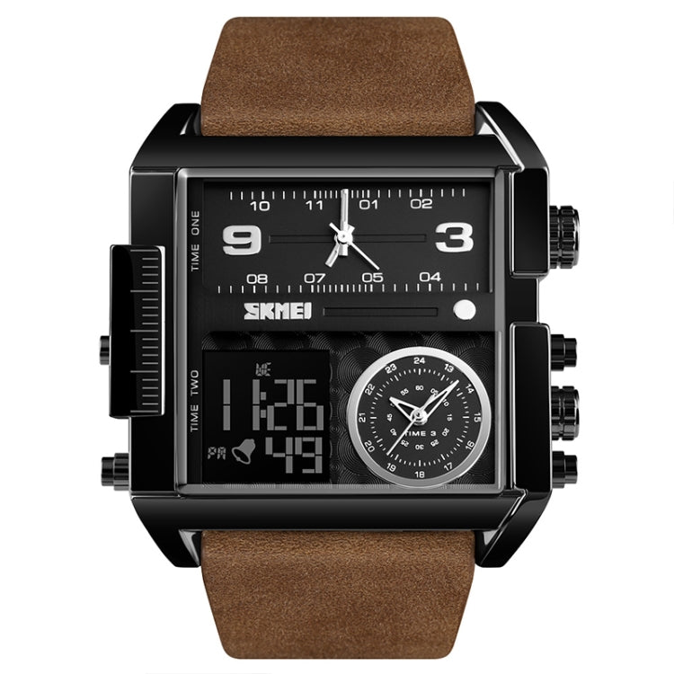 SKMEI 1391 Multifunctional Men Business Digital Watch 30m Water-resistant Square Dial Wrist Watch with Leather Watchband(Black+Coffee)