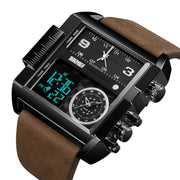 SKMEI 1391 Multifunctional Men Business Digital Watch 30m Water-resistant Square Dial Wrist Watch with Leather Watchband(Black+Coffee)