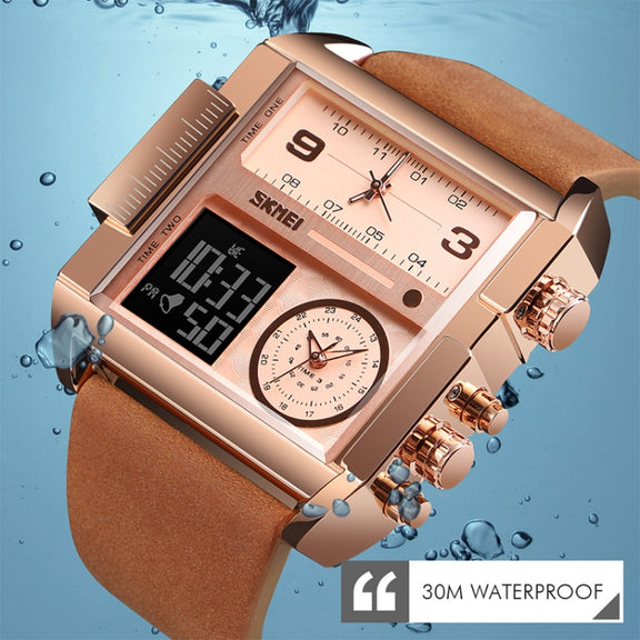 SKMEI 1391 Multifunctional Men Business Digital Watch 30m Water-resistant Square Dial Wrist Watch with Leather Watchband(Black Brown)