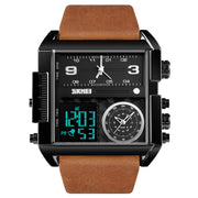SKMEI 1391 Multifunctional Men Business Digital Watch 30m Water-resistant Square Dial Wrist Watch with Leather Watchband(Black Brown)