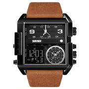 SKMEI 1391 Multifunctional Men Business Digital Watch 30m Water-resistant Square Dial Wrist Watch with Leather Watchband(Black Brown)