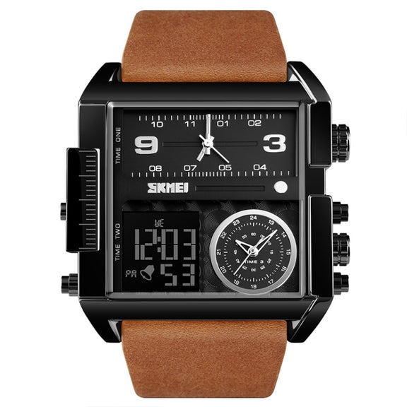 SKMEI 1391 Multifunctional Men Business Digital Watch 30m Water-resistant Square Dial Wrist Watch with Leather Watchband(Black Brown)