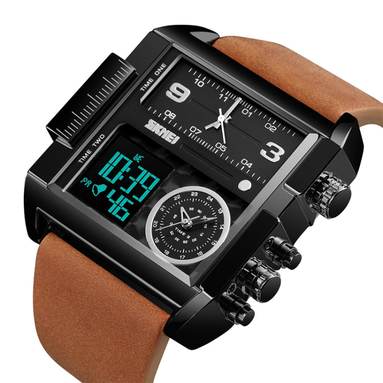 SKMEI 1391 Multifunctional Men Business Digital Watch 30m Water-resistant Square Dial Wrist Watch with Leather Watchband(Black Brown)