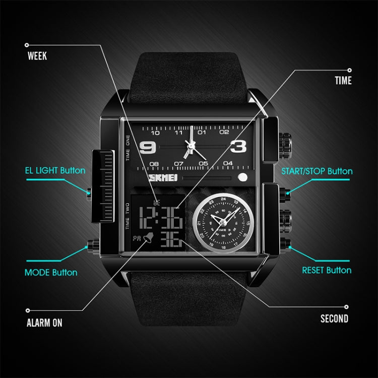 SKMEI 1391 Multifunctional Men Business Digital Watch 30m Water-resistant Square Dial Wrist Watch with Leather Watchband(Black Brown)