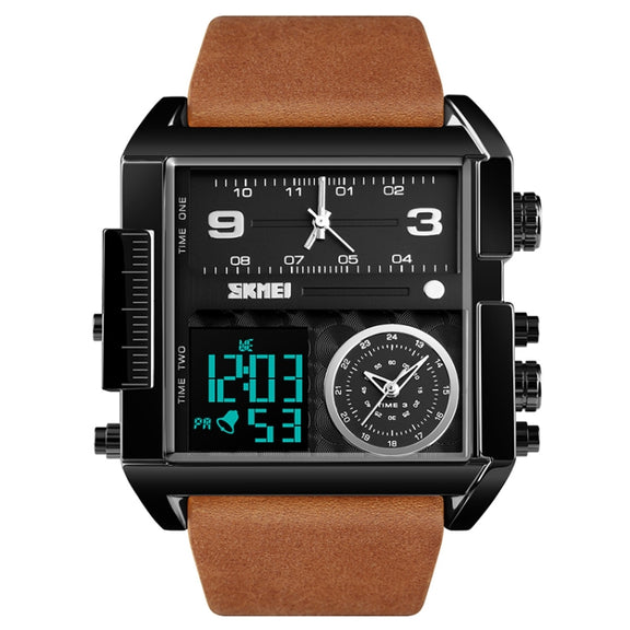 SKMEI 1391 Multifunctional Men Business Digital Watch 30m Water-resistant Square Dial Wrist Watch with Leather Watchband(Black Brown)
